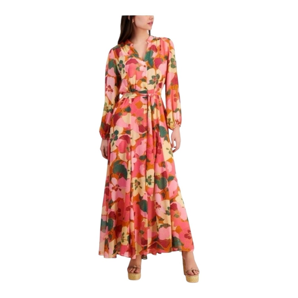 Taylor Floral Maxi Dress Size 6 Pink Belted Long Sleeve Boho Retro Wedding Guest